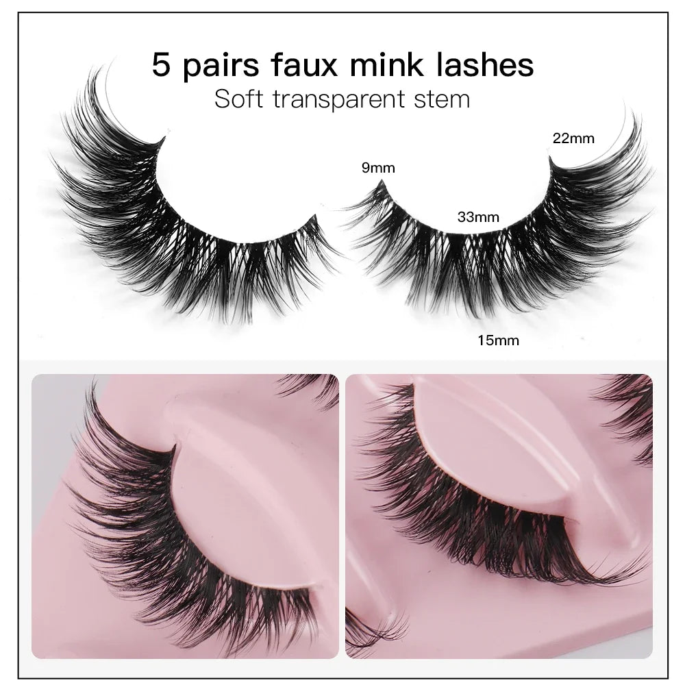 5 Pairs Cat Eye Faux Mink Eyelashes – Winged & Elongated Look